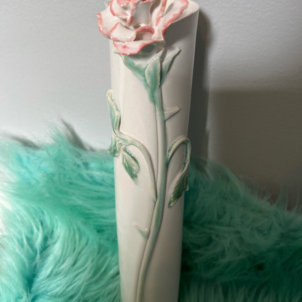 Pink Flower Vase Raised Rose Ceramic Planter Decor Pottery Centerpiece Vintage